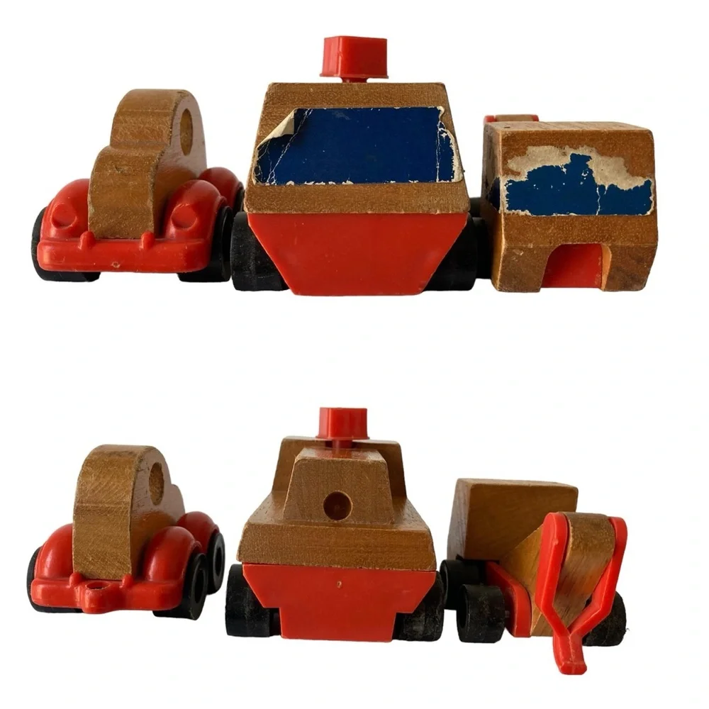 Lot - Vintage Mattel Wooden Plastic Vehicles 1971 1974. Wind Up Truck‎